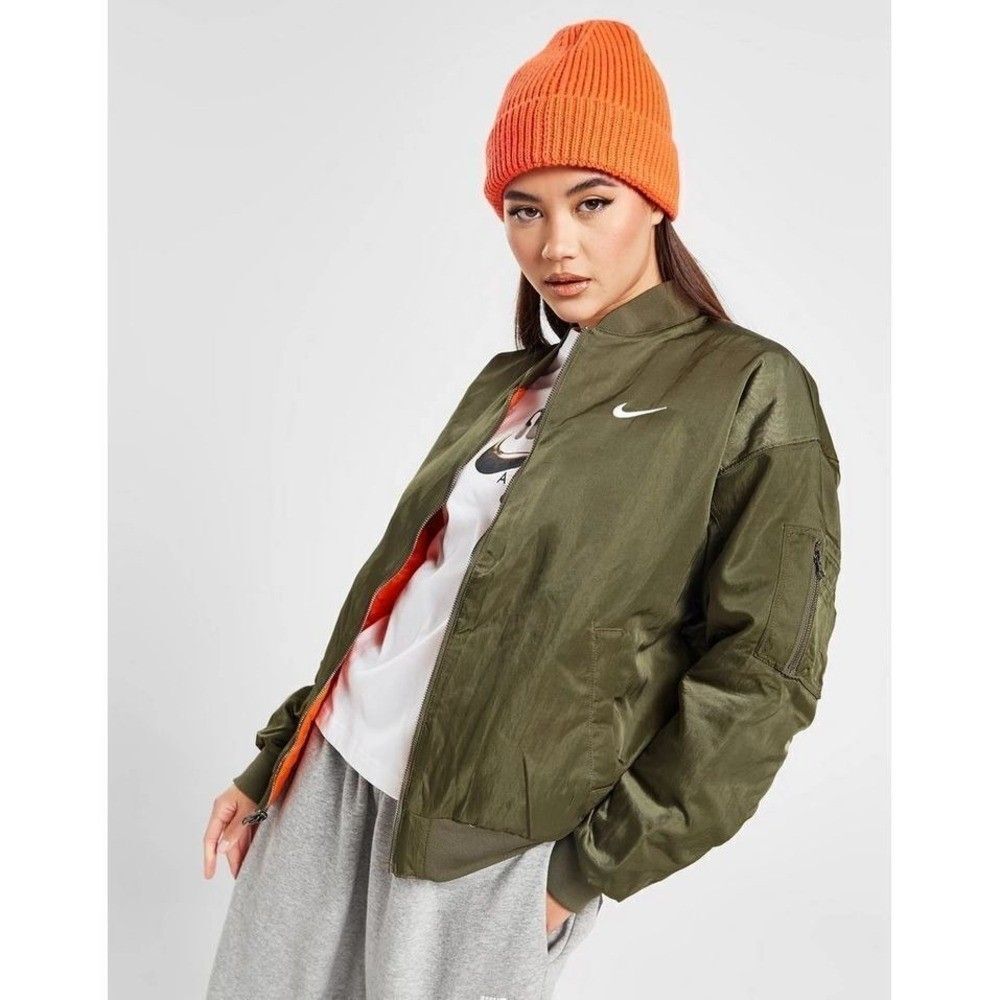 Nike 1X Jacket Bomber Varsity Logo Quilted Reversible Green Orange Satin New
